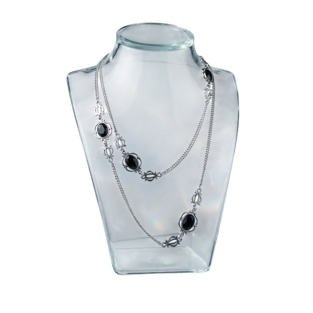 Vintage Sarah Coventry Silver Tone Black Faux Onyx Filigree Station Necklace
